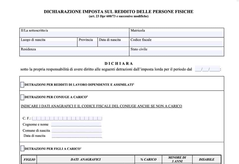 Modello detrazioni fiscali per figli e familiari a carico