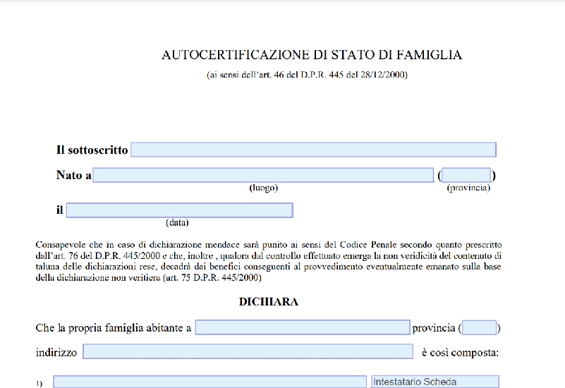 Modello autocertificazione stato di famiglia e residenza per ISEE