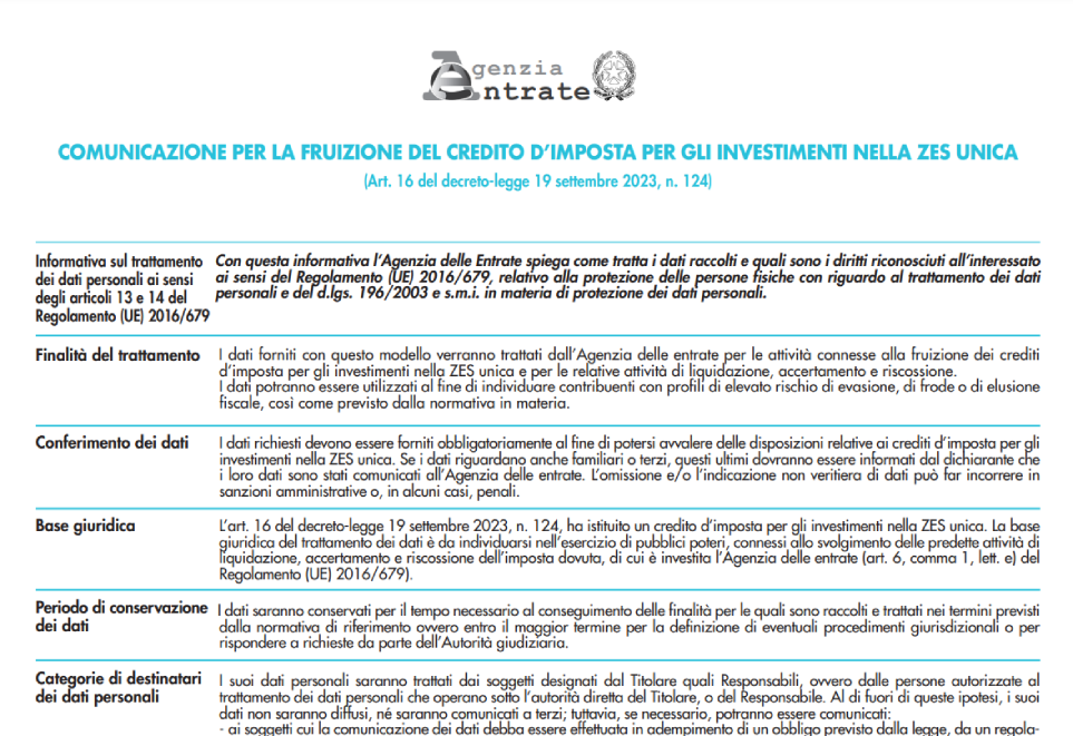 Modello di Comunicazione per il Credito d’Imposta nella ZES Unica